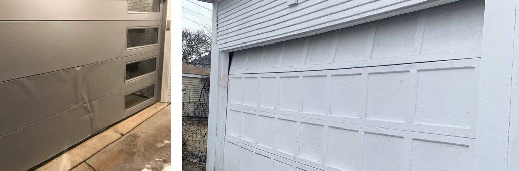 Example of one garage door that is a candidate for single panel replacement, and another that is not.