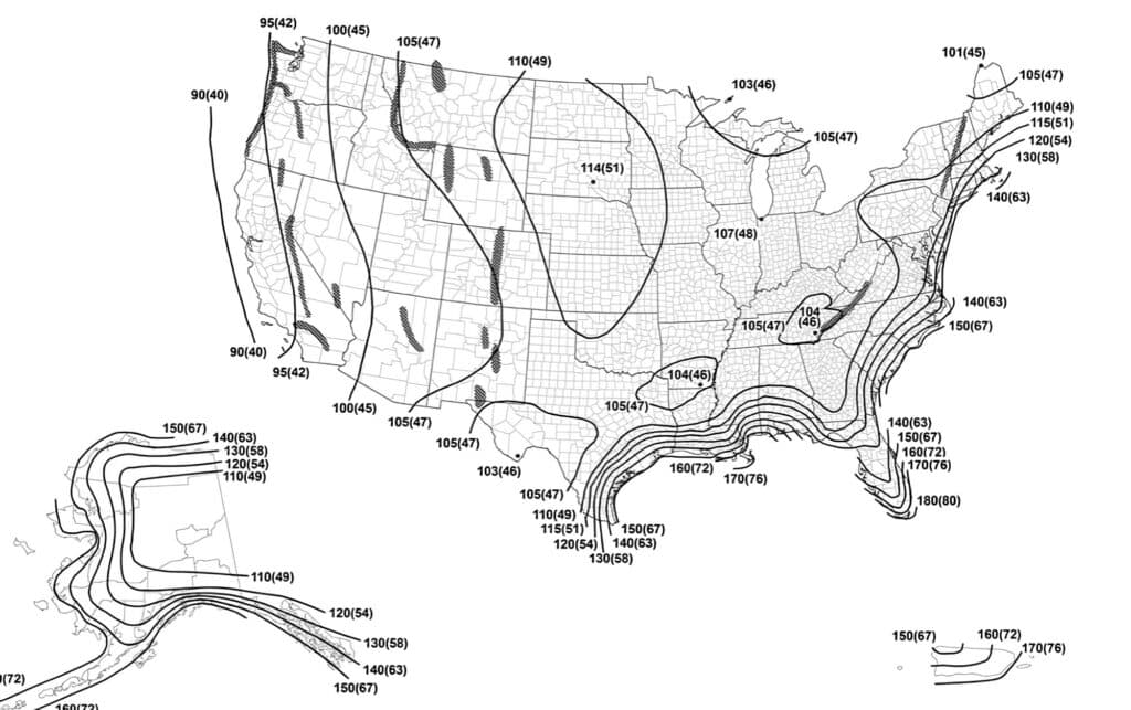 A black-and-white map of the U.S. and territories showing lines of equal annual heating degree days, with numbers such as 90(4), 130(5), and 160(7) indicating heating needs—a valuable guide for garage door company professionals.