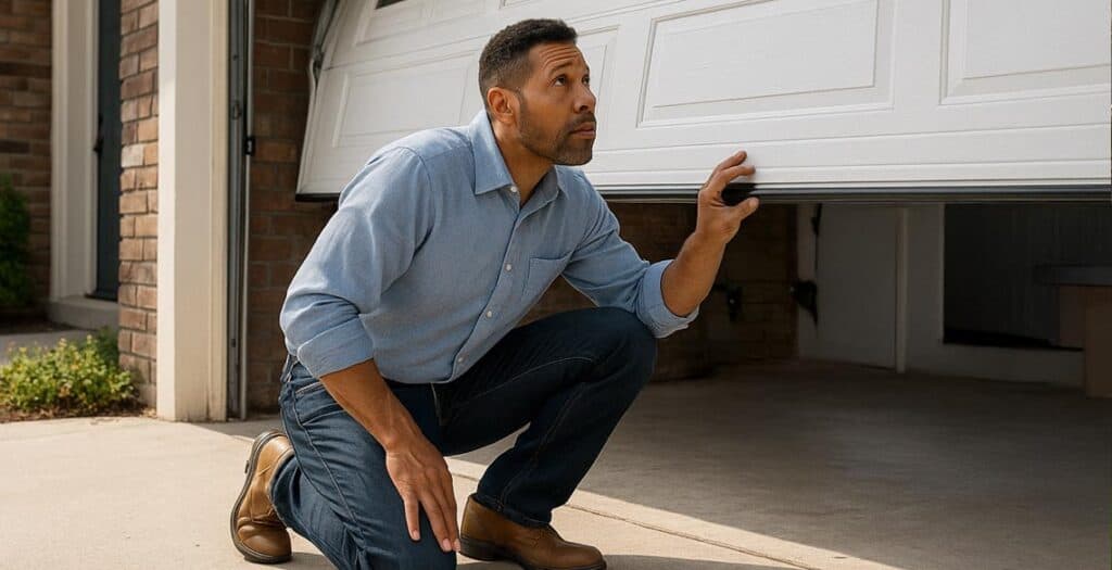 Man inspecting a garage door that has fallen off its track.
